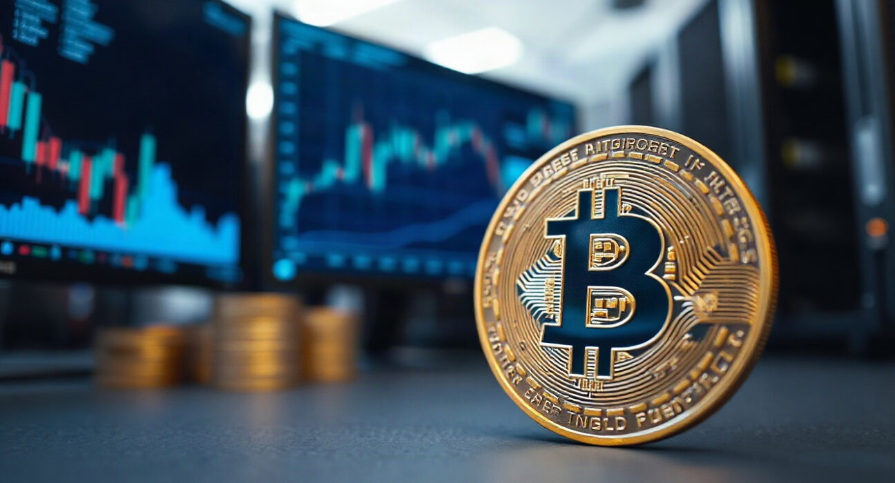 Bitcoin coin in foreground with a computer screen showing blockchain data in the background, representing government-held cryptocurrency.