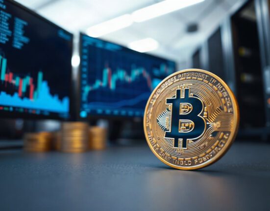 Bitcoin coin in foreground with a computer screen showing blockchain data in the background, representing government-held cryptocurrency.