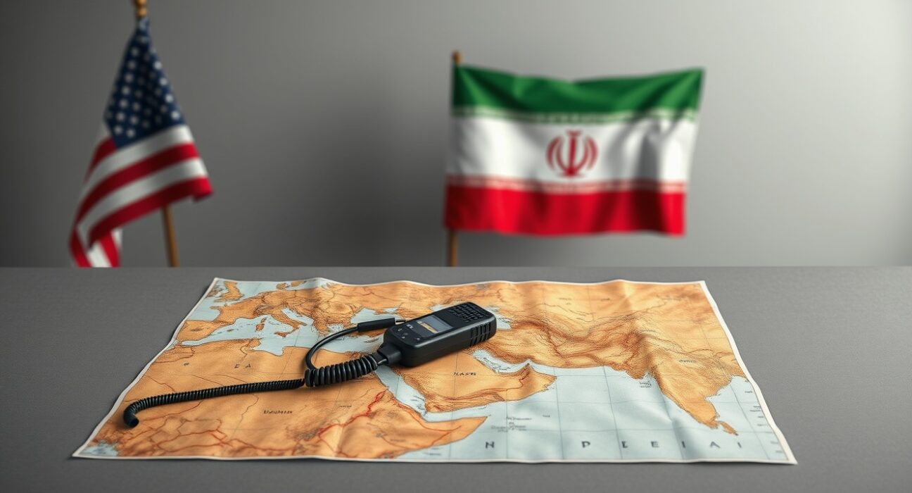 Symbolic representation of the US Iran ceasefire with a map and silent radio.