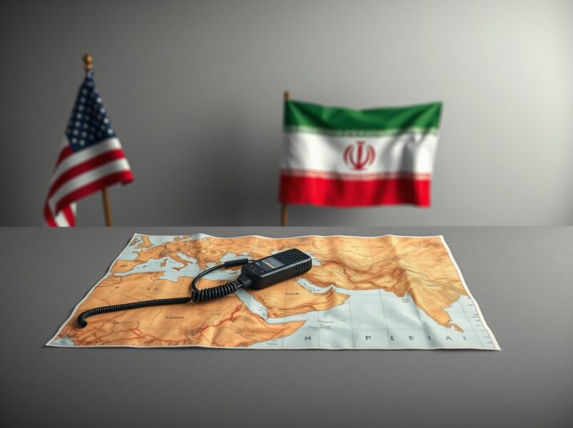 Symbolic representation of the US Iran ceasefire with a map and silent radio.