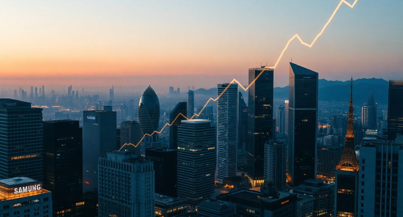 Seoul skyline with tech company headquarters and a rising stock chart, symbolizing the tech recovery.
