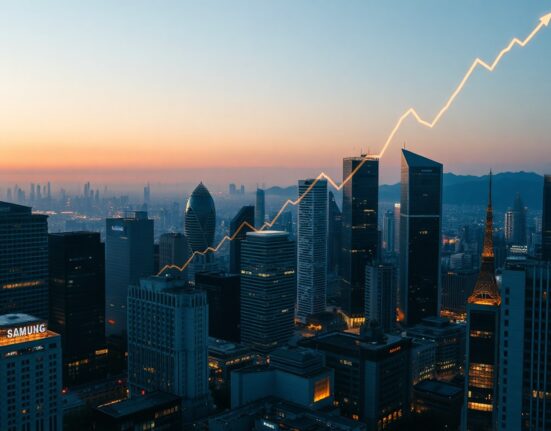 Seoul skyline with tech company headquarters and a rising stock chart, symbolizing the tech recovery.