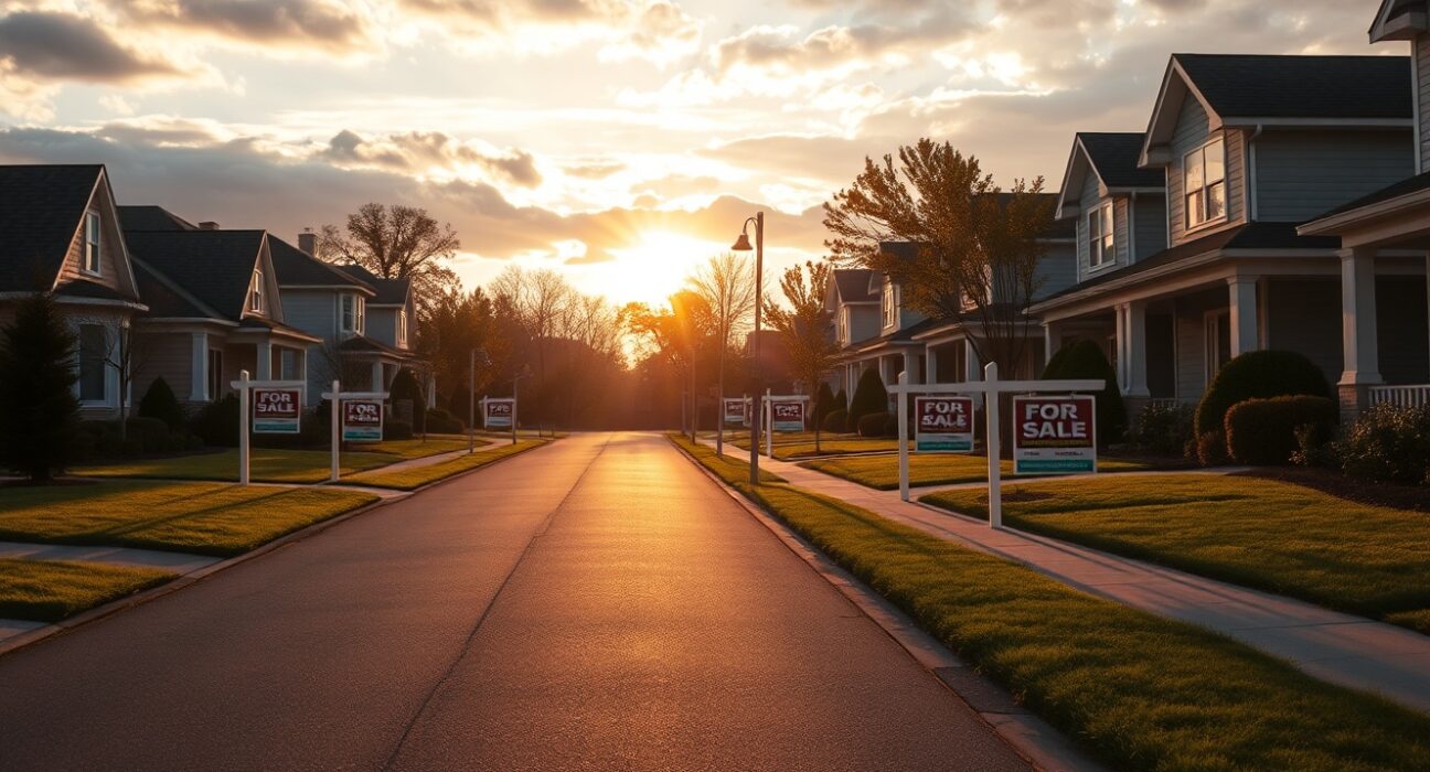 Suburban street with multiple For Sale signs, representing the US housing market in April.