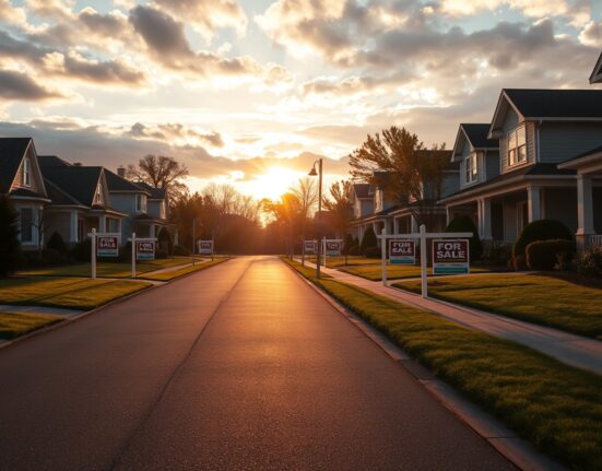 Suburban street with multiple For Sale signs, representing the US housing market in April.