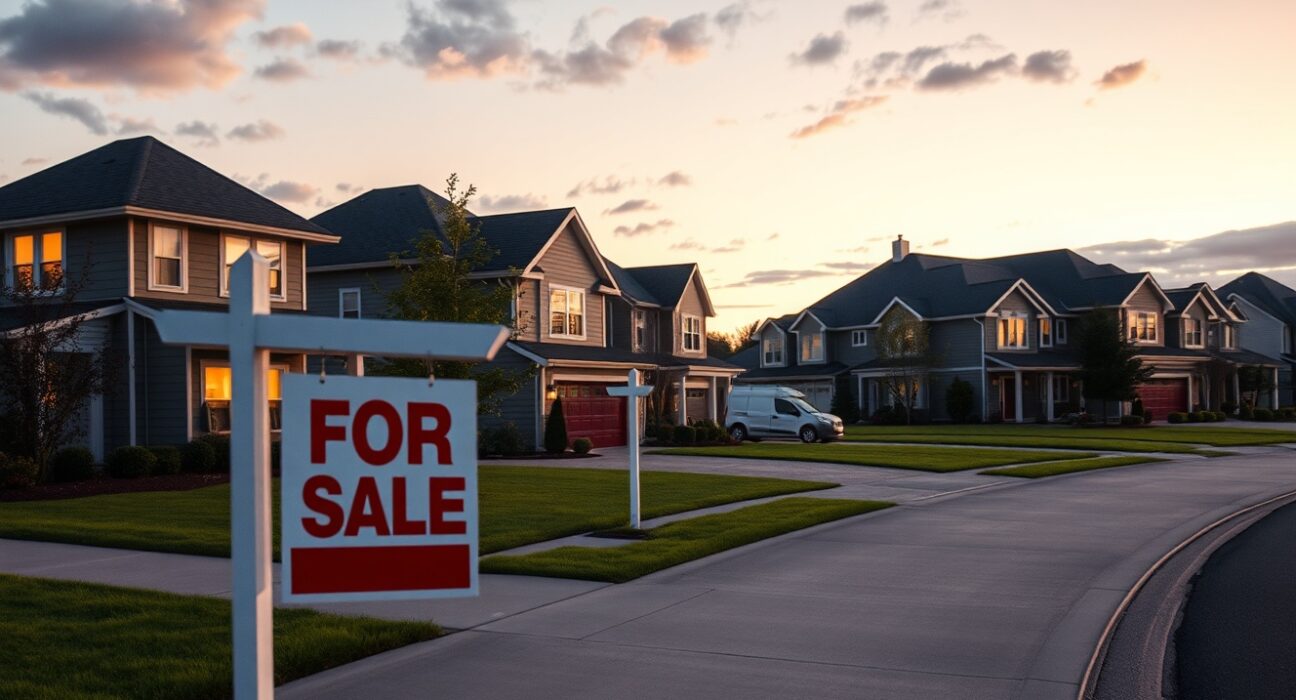 Suburban homes with a For Sale sign at dusk representing the US housing market in April
