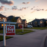 Suburban homes with a For Sale sign at dusk representing the US housing market in April