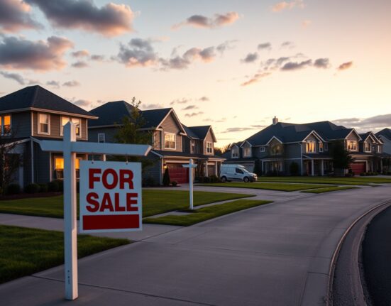 Suburban homes with a For Sale sign at dusk representing the US housing market in April