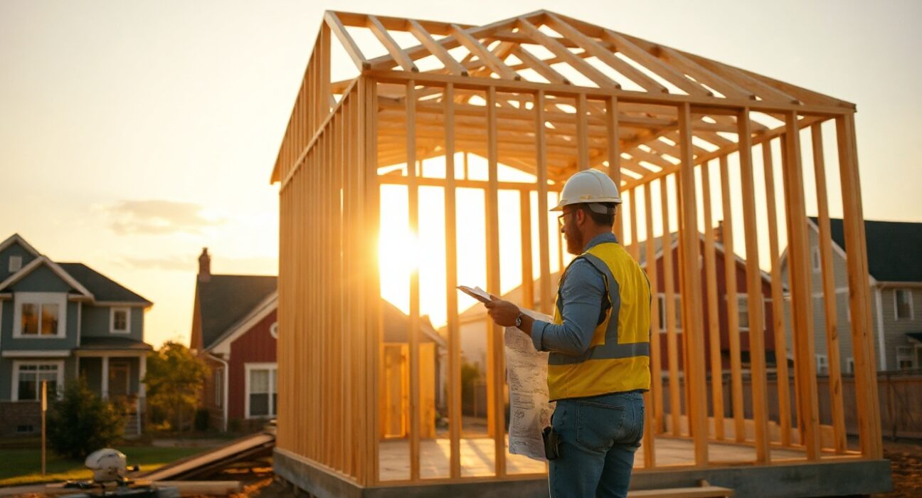 Construction worker reviewing blueprints at a residential building site in the US