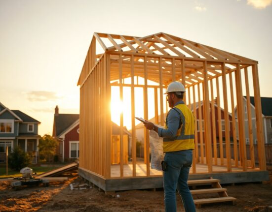Construction worker reviewing blueprints at a residential building site in the US