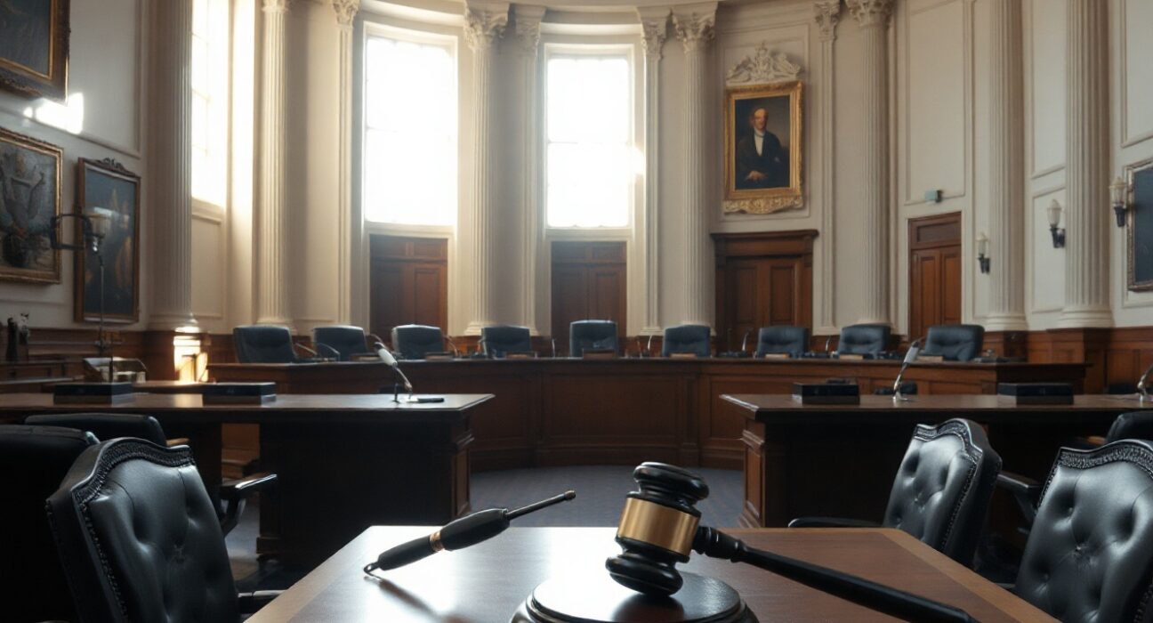 Interior of a U.S. Capitol committee hearing room with a gavel on a desk, representing crypto tax legislation.