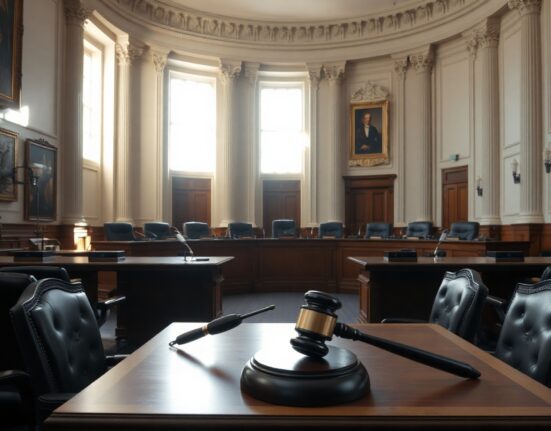 Interior of a U.S. Capitol committee hearing room with a gavel on a desk, representing crypto tax legislation.