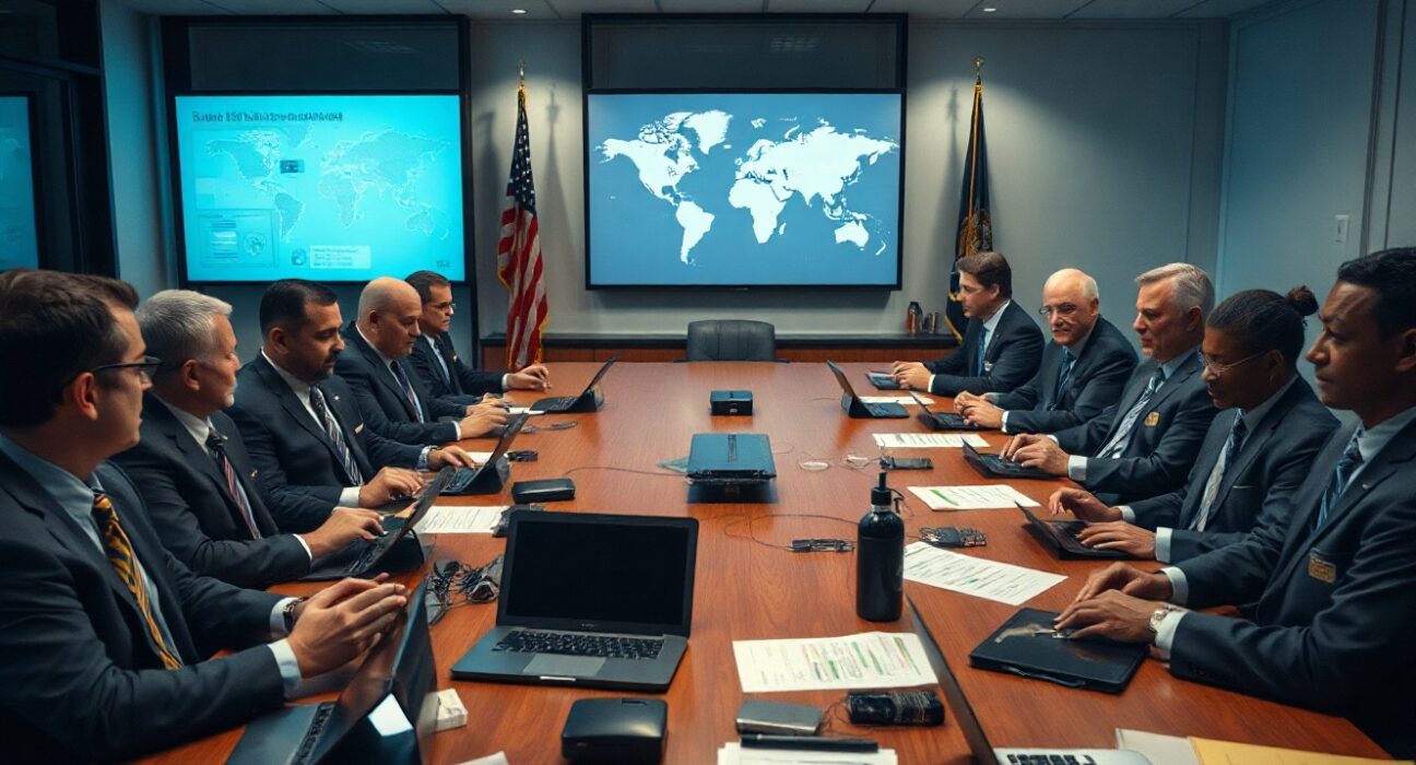 Federal investigators and law enforcement officials meeting to discuss cryptocurrency crime task force strategies.