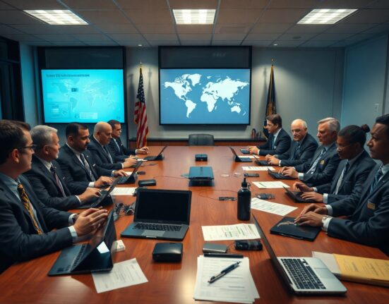 Federal investigators and law enforcement officials meeting to discuss cryptocurrency crime task force strategies.