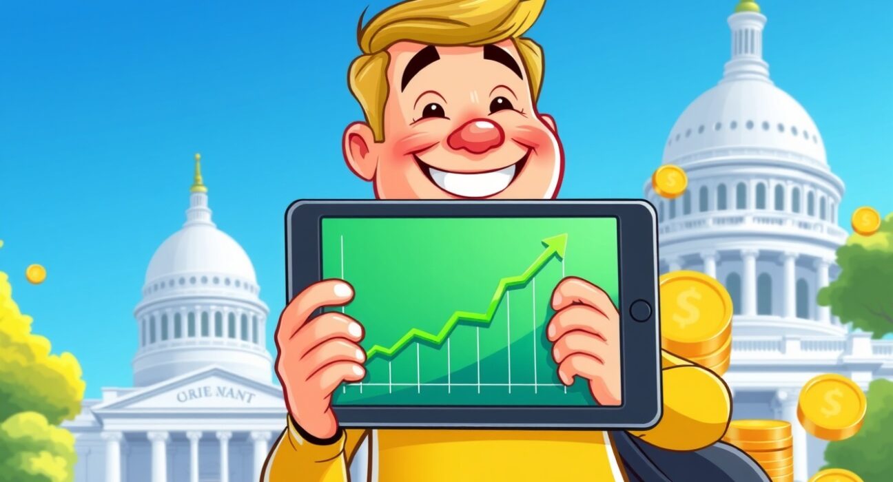 A cartoon investor celebrates new crypto tax benefits with a rising graph and digital coins.