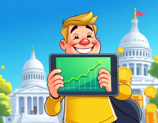 A cartoon investor celebrates new crypto tax benefits with a rising graph and digital coins.