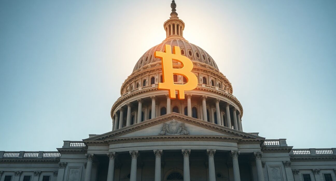 US Capitol building with a faint Bitcoin hologram in the sky, representing the national Bitcoin reserve bill.