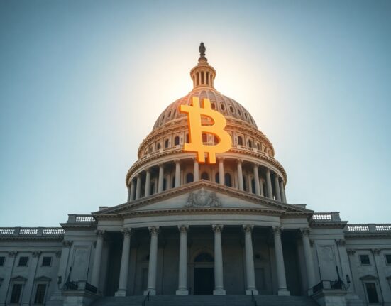 US Capitol building with a faint Bitcoin hologram in the sky, representing the national Bitcoin reserve bill.