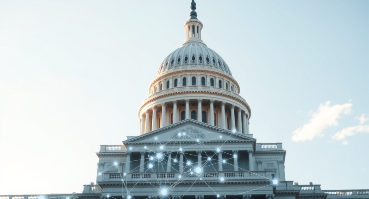 US Capitol building with a digital blockchain network overlay representing the upcoming tokenization hearing.