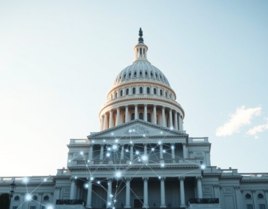 US Capitol building with a digital blockchain network overlay representing the upcoming tokenization hearing.