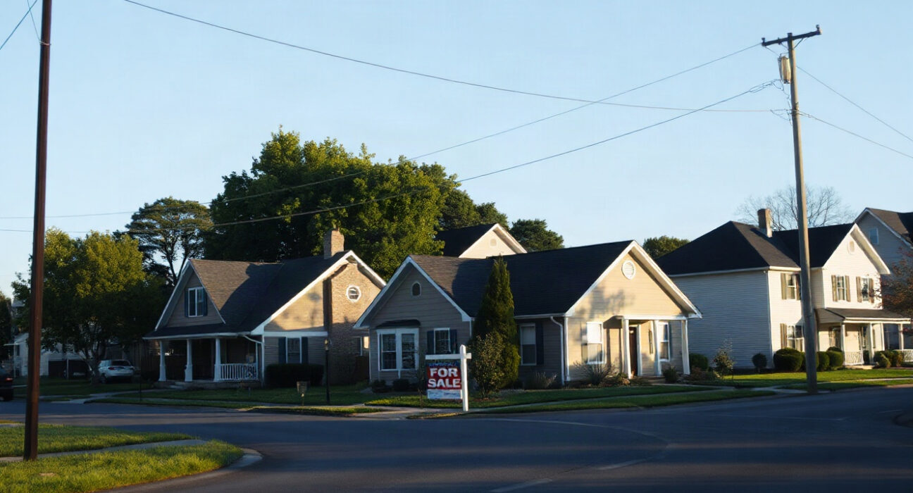 Suburban homes with a for sale sign under a clear sky, representing the US housing market.