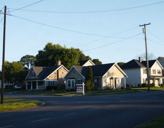 Suburban homes with a for sale sign under a clear sky, representing the US housing market.