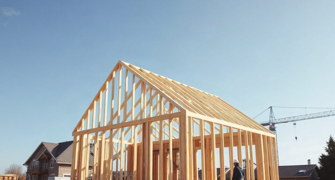 Partially constructed residential homes at a US building site under a clear sky