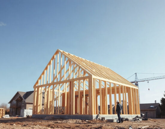 Partially constructed residential homes at a US building site under a clear sky