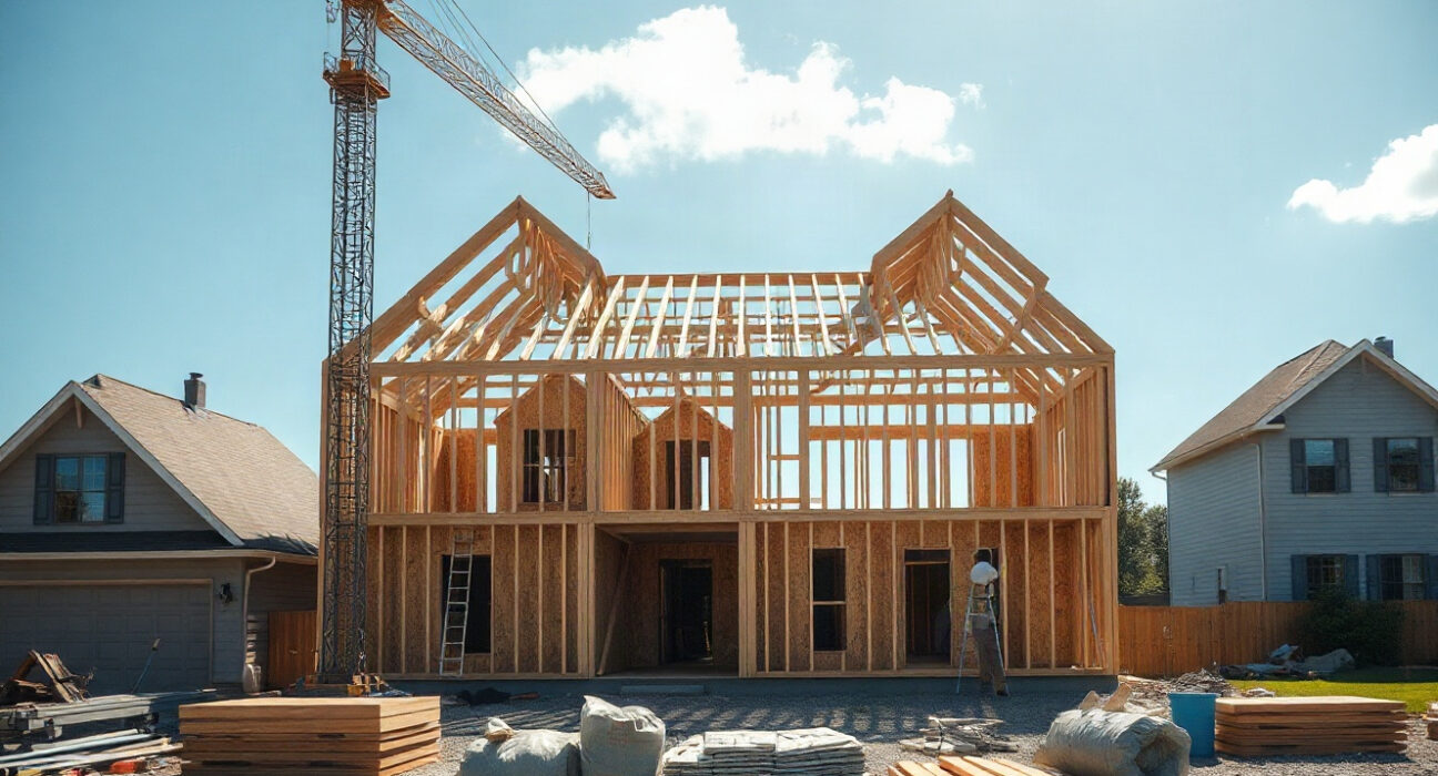 Construction site with partially built homes under a clear sky, representing US housing starts data for July.