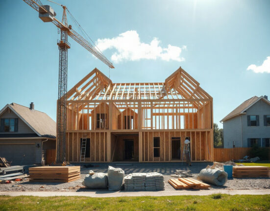 Construction site with partially built homes under a clear sky, representing US housing starts data for July.