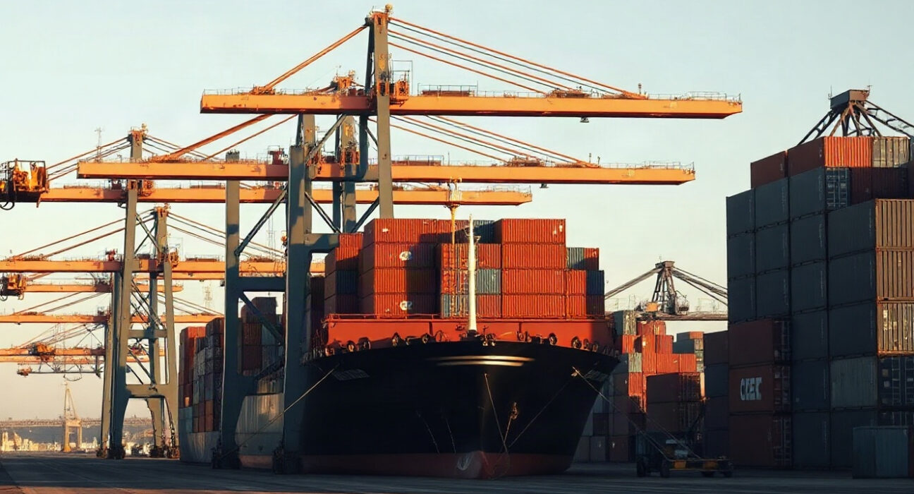 Container ship and cranes at a US port, representing import trade and price trends.