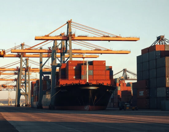 Container ship and cranes at a US port, representing import trade and price trends.