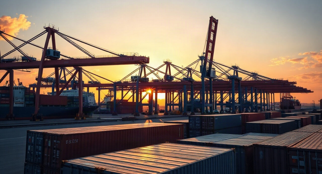Container port with cranes and stacked shipping containers at sunset, representing US import trade.
