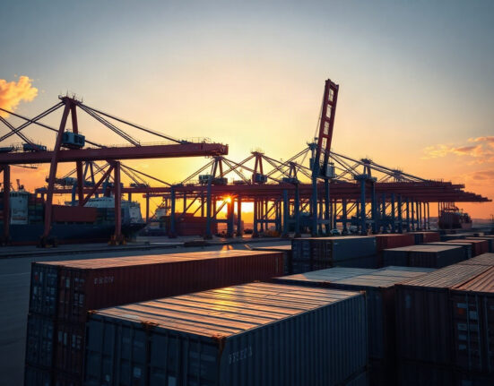 Container port with cranes and stacked shipping containers at sunset, representing US import trade.