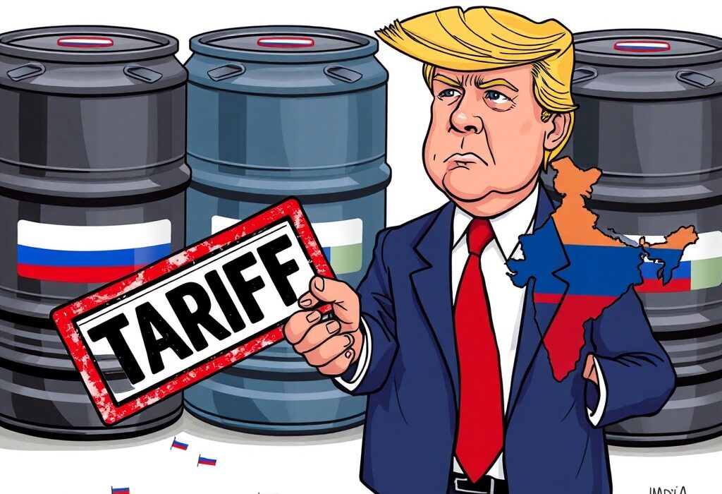 US India tariffs: A cartoon illustration showing the US imposing tariffs on India due to Russian oil purchases.