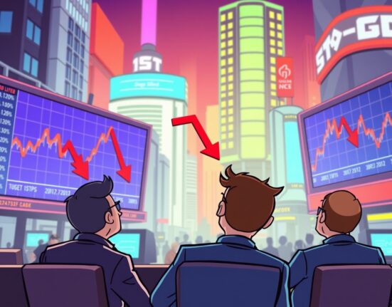 US indices open lower showing three major stock market charts with red downward trends