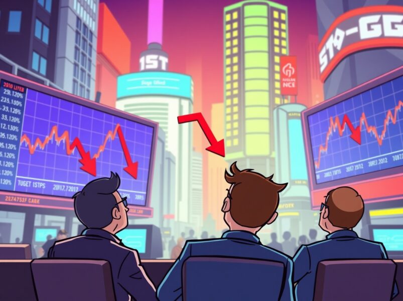 US indices open lower showing three major stock market charts with red downward trends