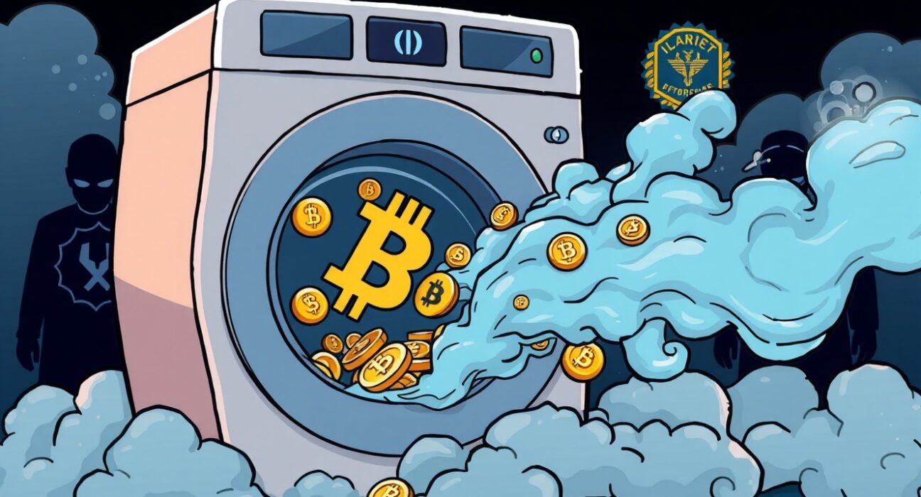 Cartoon illustration of cryptocurrency money laundering operation being uncovered by authorities