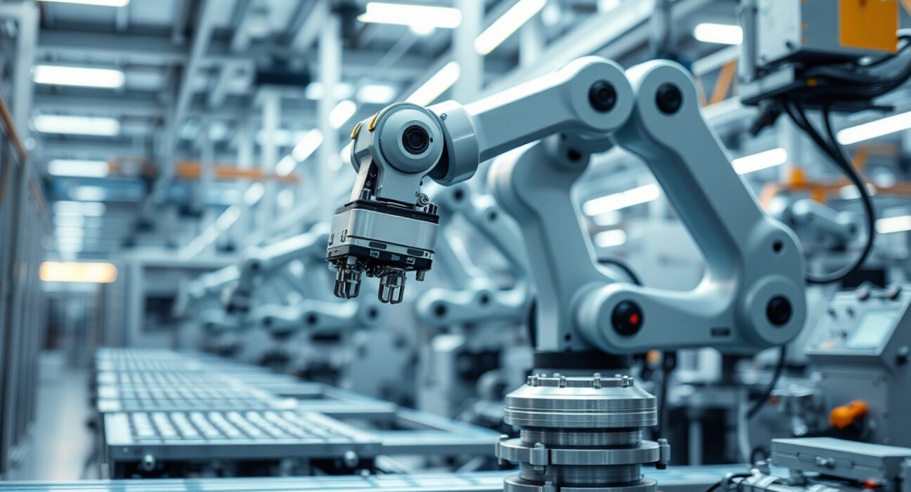 Automated robotic arms assembling products in a modern factory, representing US industrial production growth.