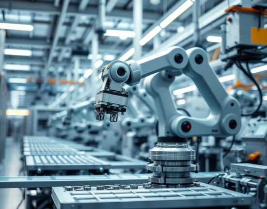 Automated robotic arms assembling products in a modern factory, representing US industrial production growth.