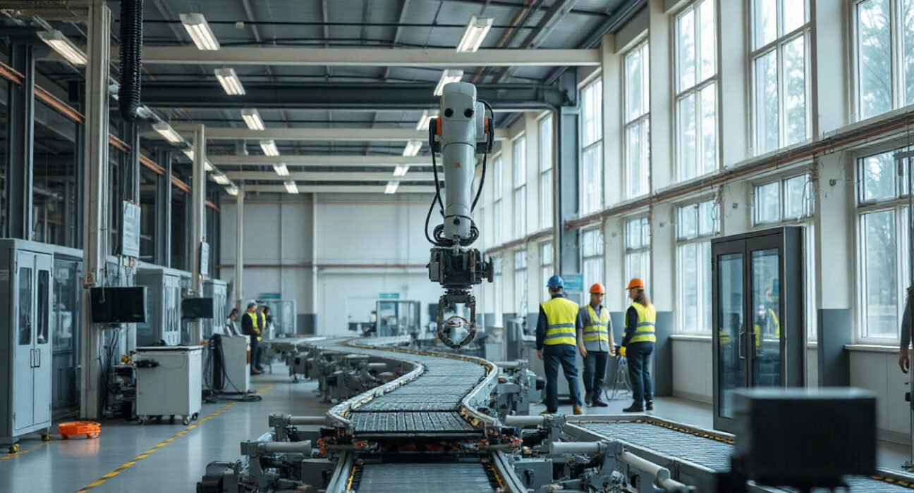 Automated machinery inside a modern factory, representing US industrial production data for July.