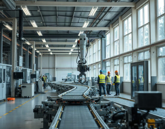 Automated machinery inside a modern factory, representing US industrial production data for July.