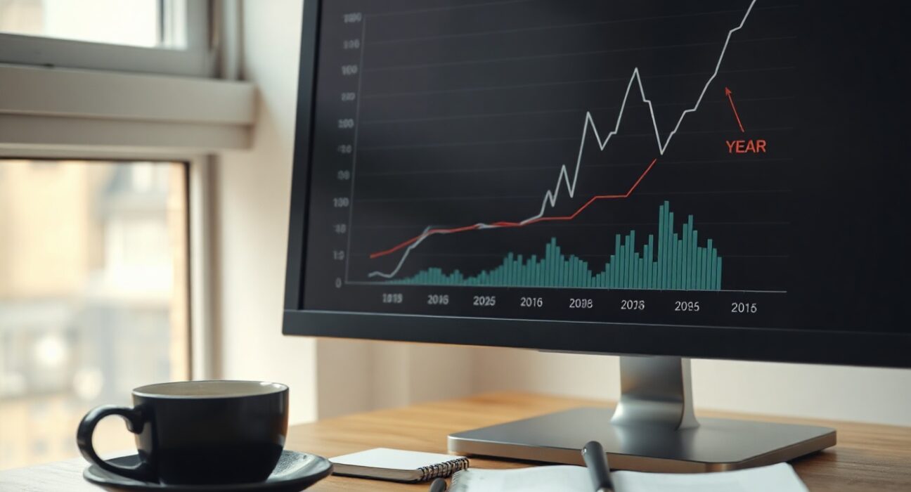 Financial analyst monitoring inflation trend graphs on a computer screen in a modern office.