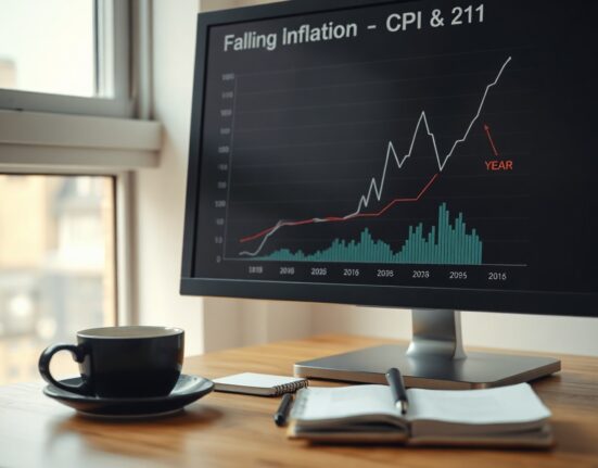 Financial analyst monitoring inflation trend graphs on a computer screen in a modern office.