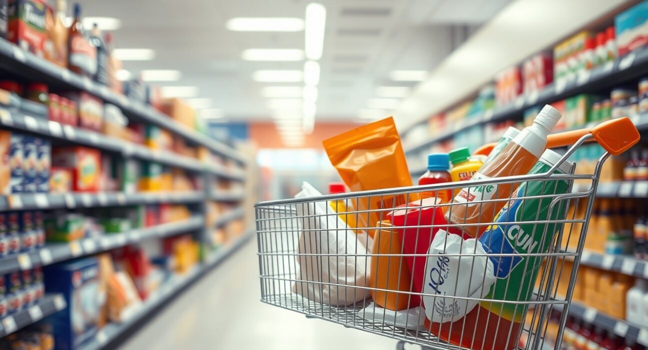 Shopping cart filled with groceries in a supermarket aisle, representing consumer price inflation.
