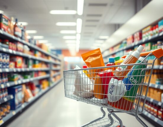 Shopping cart filled with groceries in a supermarket aisle, representing consumer price inflation.