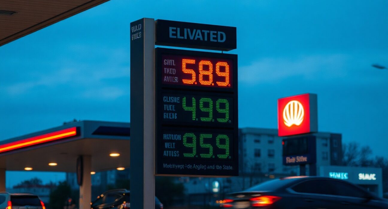 Gas station price display showing elevated fuel costs at dusk, symbolizing rising inflation expectations.