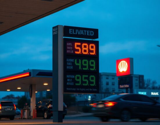 Gas station price display showing elevated fuel costs at dusk, symbolizing rising inflation expectations.