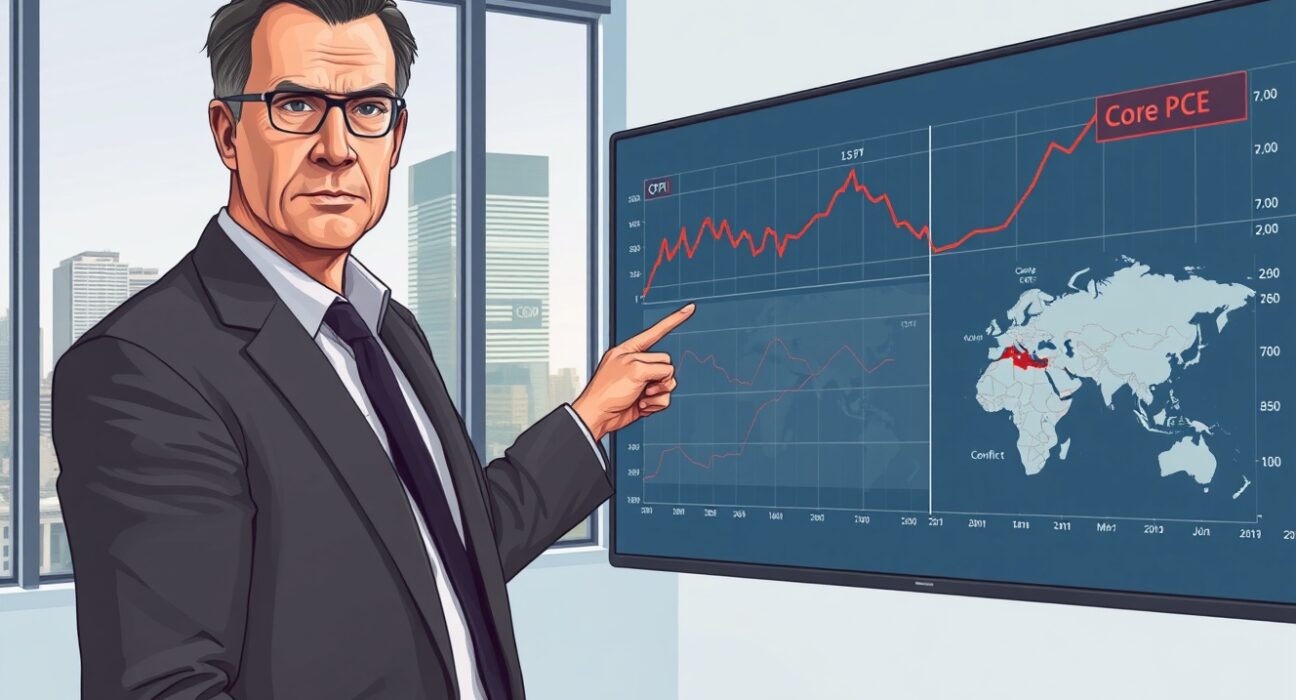 Rabobank economist analyzes inflation charts showing persistent price pressures from geopolitical conflicts in 2025