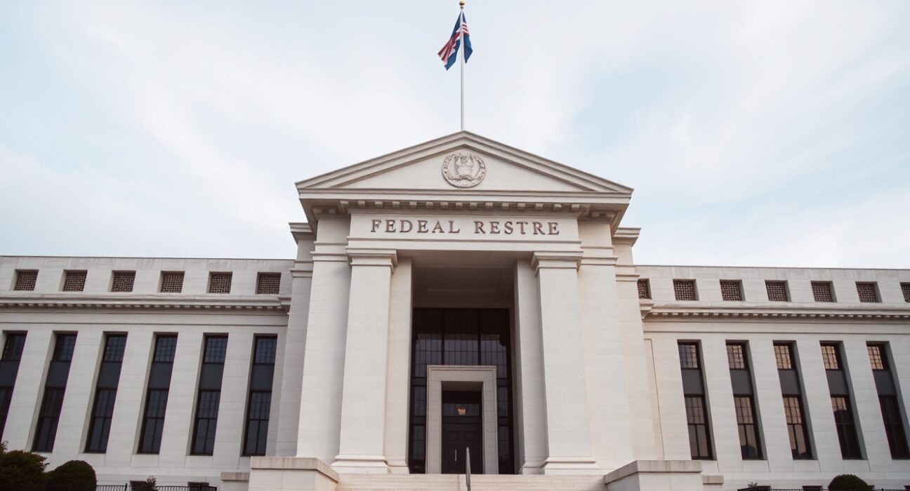 Federal Reserve building in Washington D.C. on a cloudy day, representing monetary policy uncertainty.
