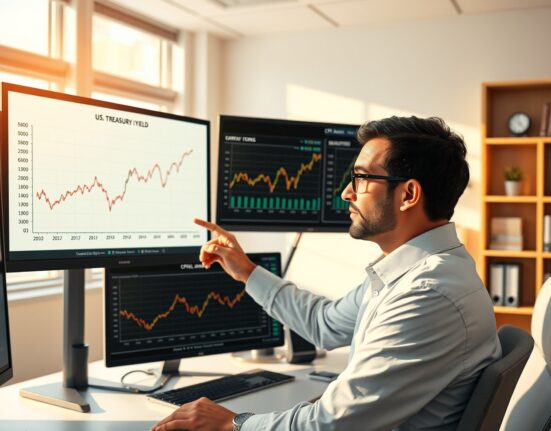 Financial analyst examining US Treasury yield and inflation data charts for economic outlook